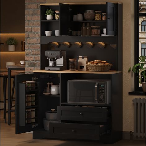 Küchenschrank 100x40x163 cm, mit LED Beleuchtung, Steckdose, Mikrowellenfach, MDF, Schwarz (1/5)