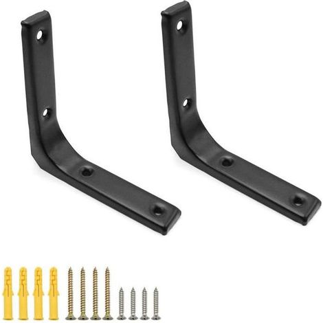 2 pcs support équerre, métal noir mat, 10 x 10 x 2 cm, fixation par vis, pour étagère salle de bain cuisine salon (1/4)