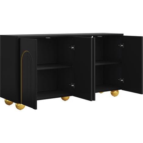 Credenza 4 ante nera con dettagli ad arco dorati e piedi in metallo, 140x40x74 cm (1/5)