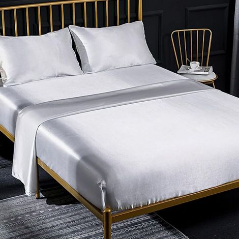 Ensemble 4 Pièces de Draps de Lit en Satin Couleur Unie 1 x Drap Housse 198203 cm 2 Personnes avec Grand Bonnet de 35 cm, 1 x Drap Plat et 2 x Taie d'oreiller, Blanc