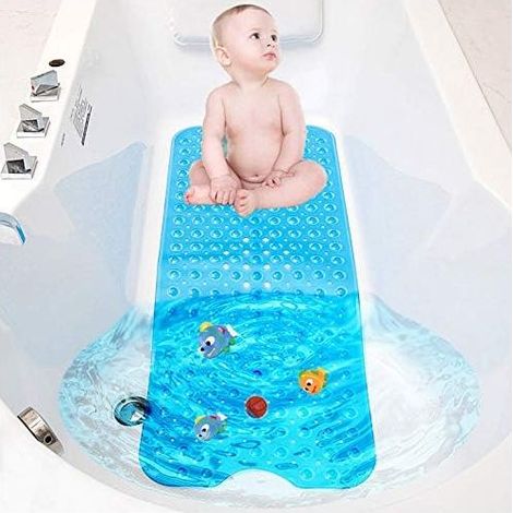 QAZQA Tapis de Baignoire,Tapis de Baignoire Antidérapant, Extra Long Tapis de Bain Lavable en Machine, Tapis de Douche Anti-moisissures avec 200 Ventouse, (100 x 40 cm) (Bleu) (1/5)