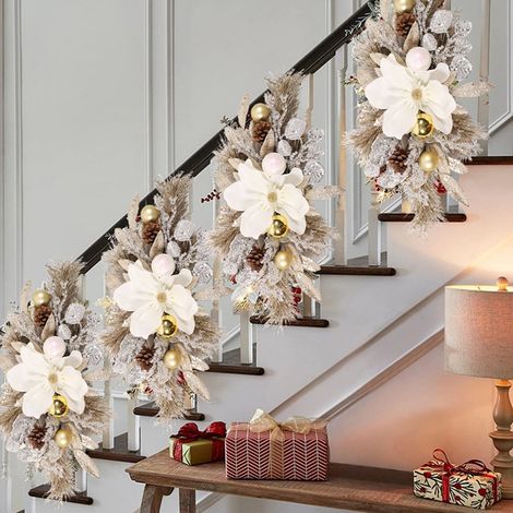 Guirlande D'escalier De Noël - Branches Givrées Et Fleurs Blanches Avec Lumières Led - Décoration Intérieure Pour Escaliers - 1 Pièce (1/5)