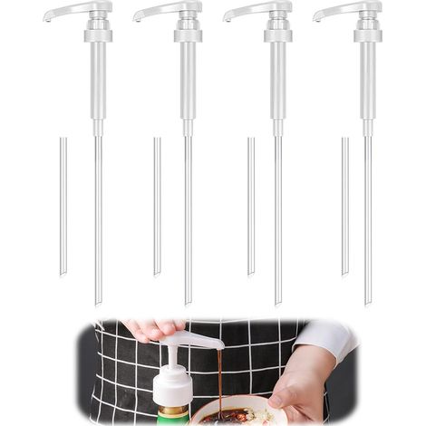 Set mit 4 wiederverwendbaren Siruppumpen für 500-ml- und 1000-ml-Flaschen. Siruppumpe mit 8 Schläuchen für abgefüllte Flüssigkeiten. Farbe: Weiß. (1/5)