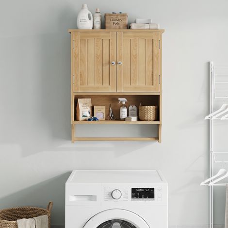 Meuble de salle de bain aspect chêne, armoire murale double porte, étagère ouverte et porte-serviettes, polyvalent, gain de place (1/5)