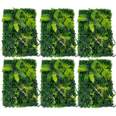Mur végétal artificiel 6 panneaux – 60×40 cm, 3 types de plantes – Pour décoration intérieur/extérieur – Vert