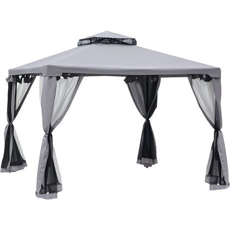 Pavillon à double toit, env. 3 x 3 m avec moustiquaire et panneaux latéraux, pavillon de jardin en métal, gris clair (1/5)