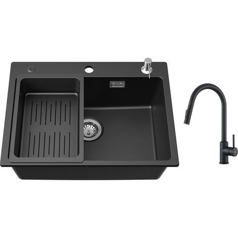 Cecipa Lavello 1 Vasca 60x45 cm con Cestello di Scarico e Dispenser per Sapone + Miscelatore da Cucina con Doccetta Estraibile Girevole a 360° Nero (1/5)
