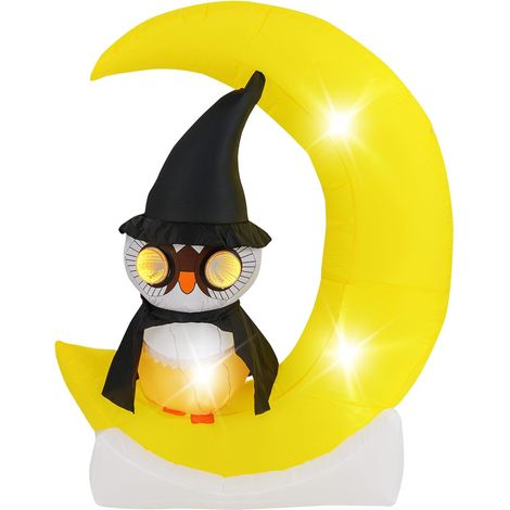 COSTWAY Decorazione Gonfiabile per Halloween 130 x 155 CM, Decorazione di Halloween Illuminata con LED e Grande Luna e Gufo Mago e Soffiatore Incorporato, per Cortile, Prato e Feste (1/5)
