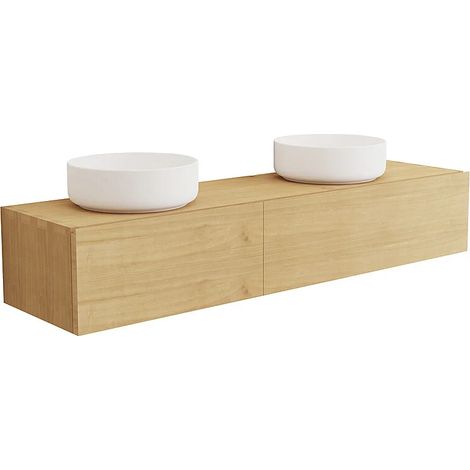 Mobile bagno sospeso in legno di mindi con doppio lavabo da appoggio tondo in ceramica 150 cm - TIDORE (1/5)