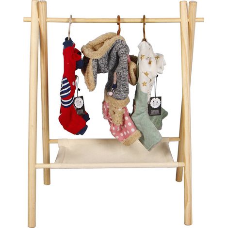 Holdfiturn Childrens Clothes Rail Dog Clothes Rack Wooden Small Clothing Rail 81x75x34cm Pet Garment Racks Baby Kids Clothes Dolls Storage Hanging Dress Up Rail Mini Coat Rack with Canvas Shelf (1/5)