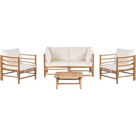 Conjunto modular de jardín de 5 piezas sofá de 2 plazas 2 sillones y mesa de centro de bambú natural cojines blanco crema Cerreto (1/5)