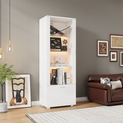 Vitrina 50x40x160 cm con puertas acrílicas, estantes de cristal templado e iluminación LED, color blanco brillo. (1/5)