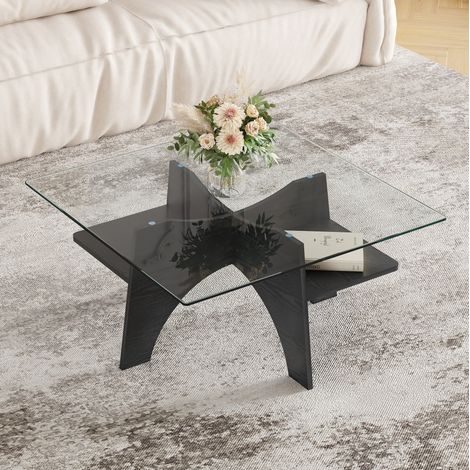 Mesa de centro (80x80x40 cm), vidrio de seguridad, diseño minimalista, MDF efecto madera negra, negro (1/5)