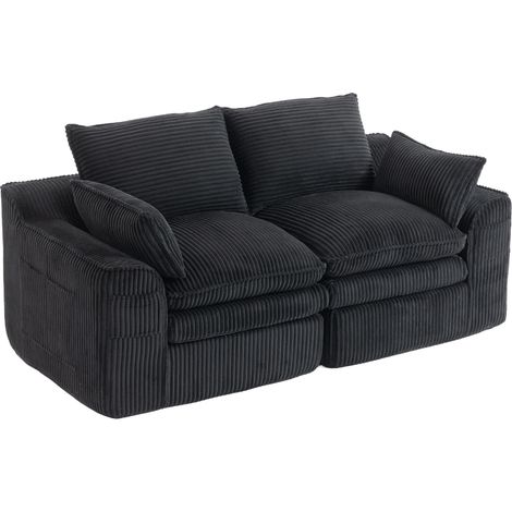 2-Sitzer modulares Sofa aus schwarzem Cord mit Kissen und Seitentaschen (1/5)