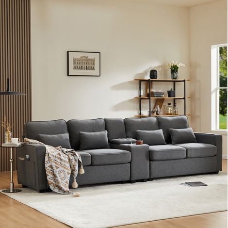 Divano 290 cm grigio scuro in tessuto effetto lino, 4 posti con USB e portabevande (1/5)