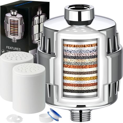 Filtre à eau de douche à 20 étapes de filtration, élimine les impuretés, les métaux, le chlore et les odeurs désagréables, enrichi en vitamine C, 2 filtres inclus, argent