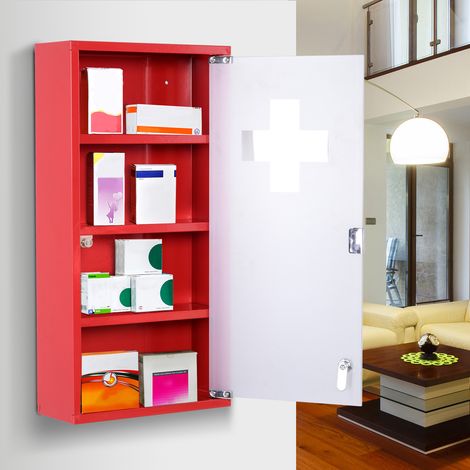 Armoire à Pharmacie 3 étagères 4 Niveaux verrouillable Porte Verre trempé dépoli Logo Croix 30L x 12l x 60H cm Acier Rouge (1/5)
