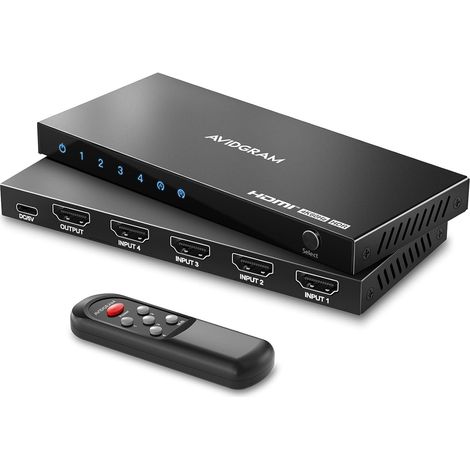 HDMI Switch 4K 60Hz, HDMI 2.0 Commutateur 4 in 1 Out, 4 Port HDMI Selector Box with IR Télécommande Soutien HDCP 2.2 HDR10 3D 18Gbps pour Xbox PS4 Roku HDTV Monitor (1/5)