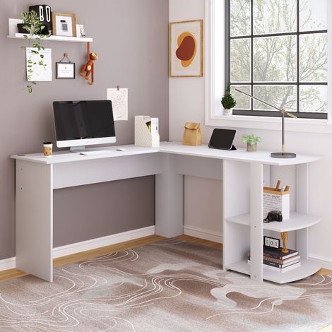 Bureau d'angle multirangement 140x140x75 cm décor blanc