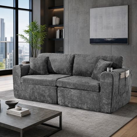 Divano relax a 2 posti in chenille grigio con tasca laterale, portabicchieri e cuscini OKWISH (1/5)