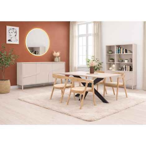 Salle à manger complète moderne beige 6 places – Buffet bas arrondi – Table en bois 180cm avec pied central – Bibliothèque design (1/5)