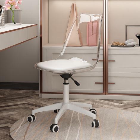 Silla giratoria transparente, altura regulable, ruedas silenciosas, asiento de PU, metal blanco (1/5)