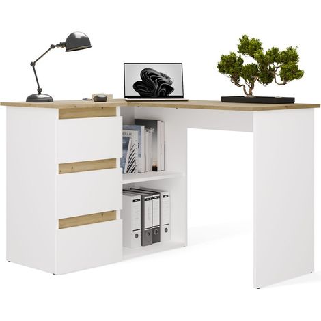 NICEA - Escritorio de esquina con almacenaje - 3 cajones + 2 estantes - 120x48,5x75 cm - Escritorio para ordenador - ROBLE ARTISAN / BLANCO (1/5)