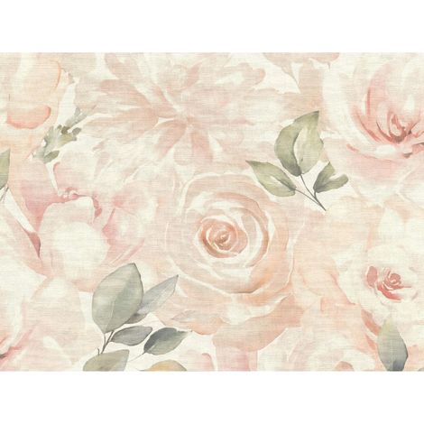 Papier peint vinyle sur tissu intissé, motif fleurs, pivoines, rose pastel, 10 m²