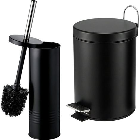 Relaxdays set baño cubo+escobilla 5 l - cubo interior extraíble - pedal - inox - 27,5x20,5x20,5 cm - negro