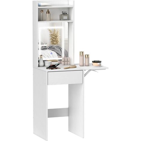 Coiffeuse compacte avec miroir et éclairage LED, plateau pliable, étagères ouvertes, tiroir, MDF, couleur blanche. (1/5)