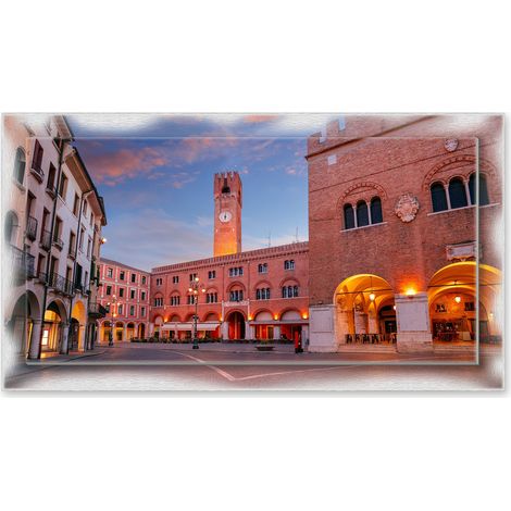 Lupia - Quadro moderno su Tela con Cornice stampata NEWEXT 75x135 cm, paesaggi localismi italiani, per casa soggiorno capezzale camera da letto hotel ufficio, TREVISO  PIAZZA DEI SIGNORI SERA (1/4)