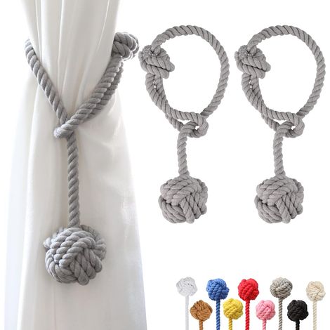 2 Pack Curtain Tiebacks with Large Ball Woven Handwoven Cotton Curtain Tiebacks for Outdoor Curtains (Grey, 2) (1/5)