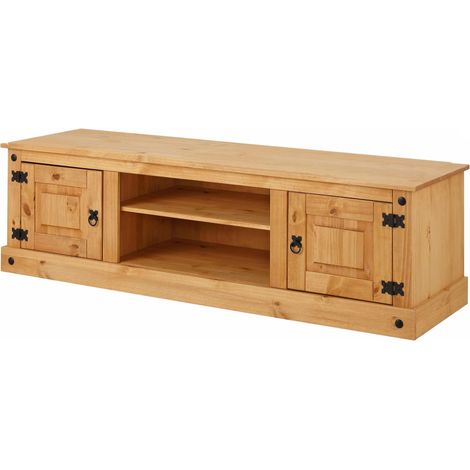 Meuble TV 160cm en pin naturel – 2 tiroirs – Style maison de campagne moderne – Charnières et poignées en métal – Rangement multimédia (1/3)