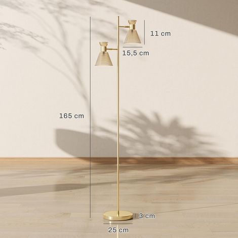 Lampadaire sur pied salon à double tête réglable, lampe sur pied, abat-jour en verre floral, 42 x 25 x 165 cm, doré (1/5)