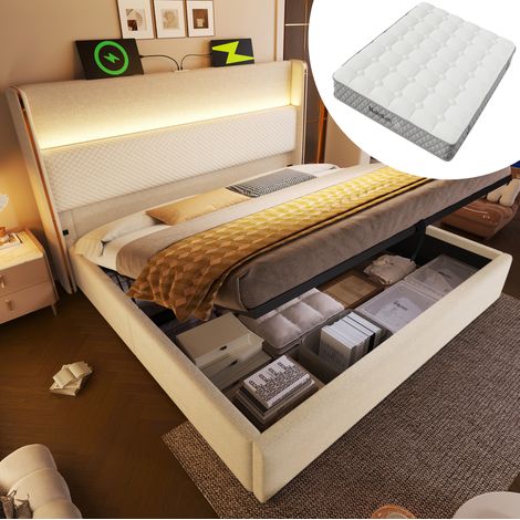 Letto a cassone adulti 140x200 cm con testiera alta, illuminazione LED, porte USB-Type-C, rete a doghe, senza fondo, materasso incluso, beige (1/5)