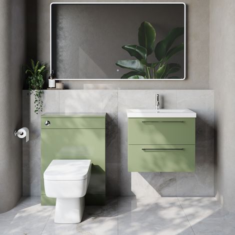 Napoli 390 Cento Olive Green 1200mm Wall Mounted 2 Drawer Vanity Unit and Toilet Suite with Glide Basin - 1200mm - Chrome 320mm HandleWith Kingston Toilet Pan and Seat
