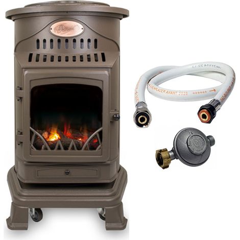 Universal – Poêle à gaz 3,4 kW fonte véritable marron miel – Détendeur butane et tuyau inclus – Chauffe 40-80m² – Allumage piézo électrique (1/5)