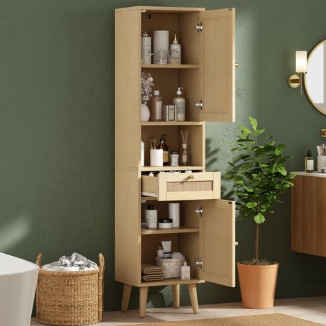 Mueble de baño alto 40 x 30 x 166 cm con cajón, puertas reversibles, MDF natural HAVRYA (1/5)