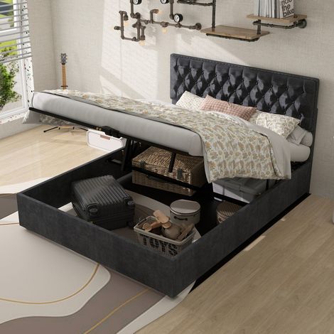 Lit 140x200cm - Lit Coffre 140x200cm - Lit Double avec Sommier à Lattes Inclus et Rangement Hydraulique - Velours Gris (1/5)