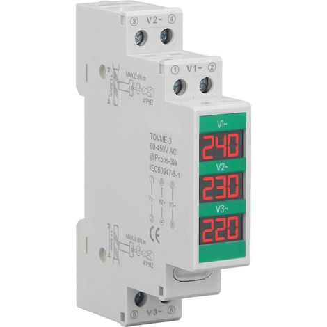 Voltmètre triphasé à affichage numérique LCD, montage sur rail DIN, 60-450 V (1/5)