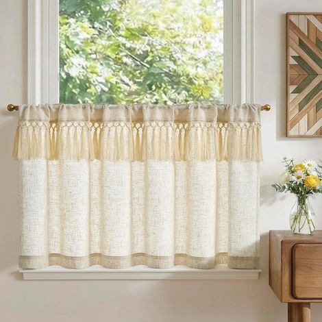 Rideau Cuisine Brise Bise Petit Rideaux Court, Design à Franges Filtrer la lumière, Beige 125L X 60H (cm) 1 Pièce à Passe Tringle, pour Fenêtre Placard sous Evier Chambre Café (1/5)
