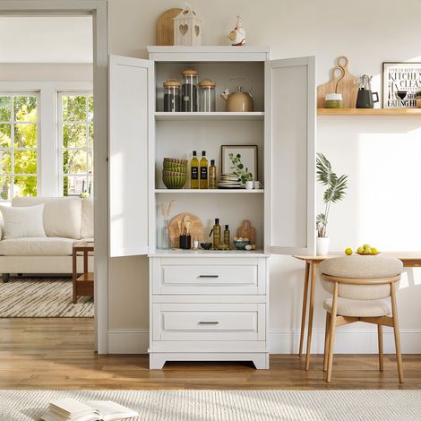 Armoire de rangement haute 157cm, meuble de cuisine avec étagère réglable et 2 tiroirs, commode blanche pour chambre salon salle de bain, 59.99 x 39.98 x 157 cm (1/5)