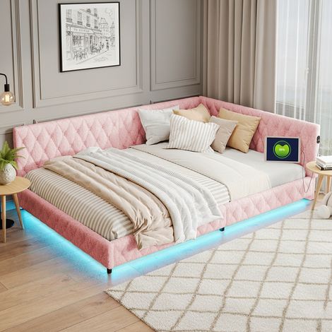 Divano letto matrimoniale 140 x 200 cm con porte USB e Type-C, illuminazione d’ambiente LED, schienale in tessuto Teddy e struttura letto, rosa (1/5)