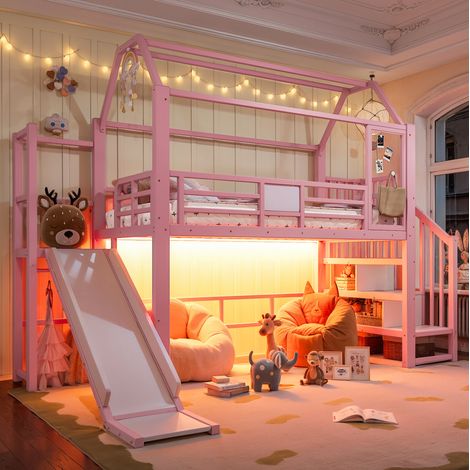 Letto a soppalco per bambini 90x200 cm rosa in metallo e MDF con scivolo, scala e luci LED Bluetooth (1/5)