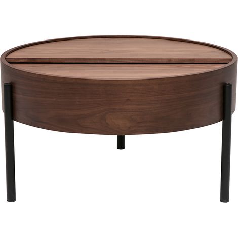 Tavolino basso rotondo in legno scuro di noce e metallo nero con piano girevole e contenitore D80 cm YOLINE