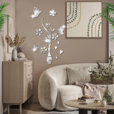 Lntyq Miroir Stickers Muraux Miroirs Décoratif Acrylique Adhésif Autocollant Mural Amovible DIY Décoration pour Maison Chambre Salon Décor- Vase et Papillon Argent (1/5)