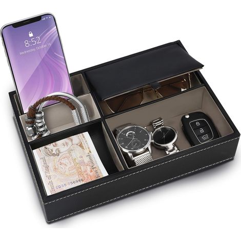 Nachttisch-Organizer-Tablett aus Kunstleder mit 5 Fächern – Professionelle Salon-Schreibtisch-Organizer-Box, Telefon, Schlüssel, Schmuck, Accessoires, Geld, Armbänder – Nachttisch-Auffangbehälter, Sch (1/4)