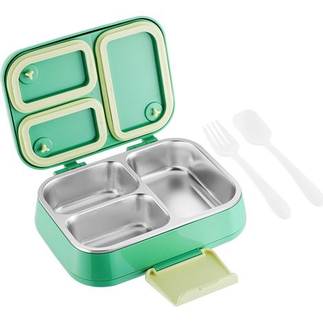 Lunchbox, stöckige Bento-Box mit 4 Fächern, Fassungsvermögen, inklusive Besteckset, BPA-frei, auslaufsicher (Grün)