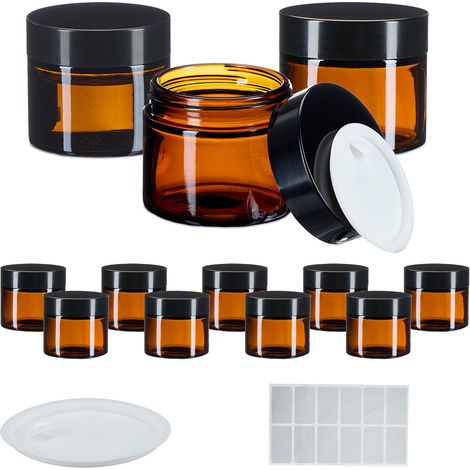 Relaxdays Tarros Crema, Set 12, 60 ml, Vidrio Ámbar, Botes Cosméticos con Tapa Rosca, Etiquetas, Vacíos, Marrón/Negro