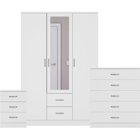 Riano 3 Piece Bedroom Set (3 Drw Bedside Chest, 5 Drw Chest, 3 Dr 2 Drw Mirrored Wardrobe), White (1/3)